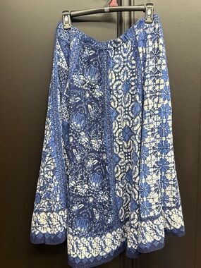 Vintage Blue Batik Print Midi Skirt Boho Cottagecore